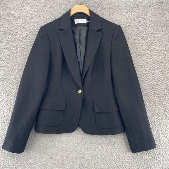 Calvin Klein Blazer Womens 8 Black Woven Button Up Pockets Office Career Work - Picture 1 of 11